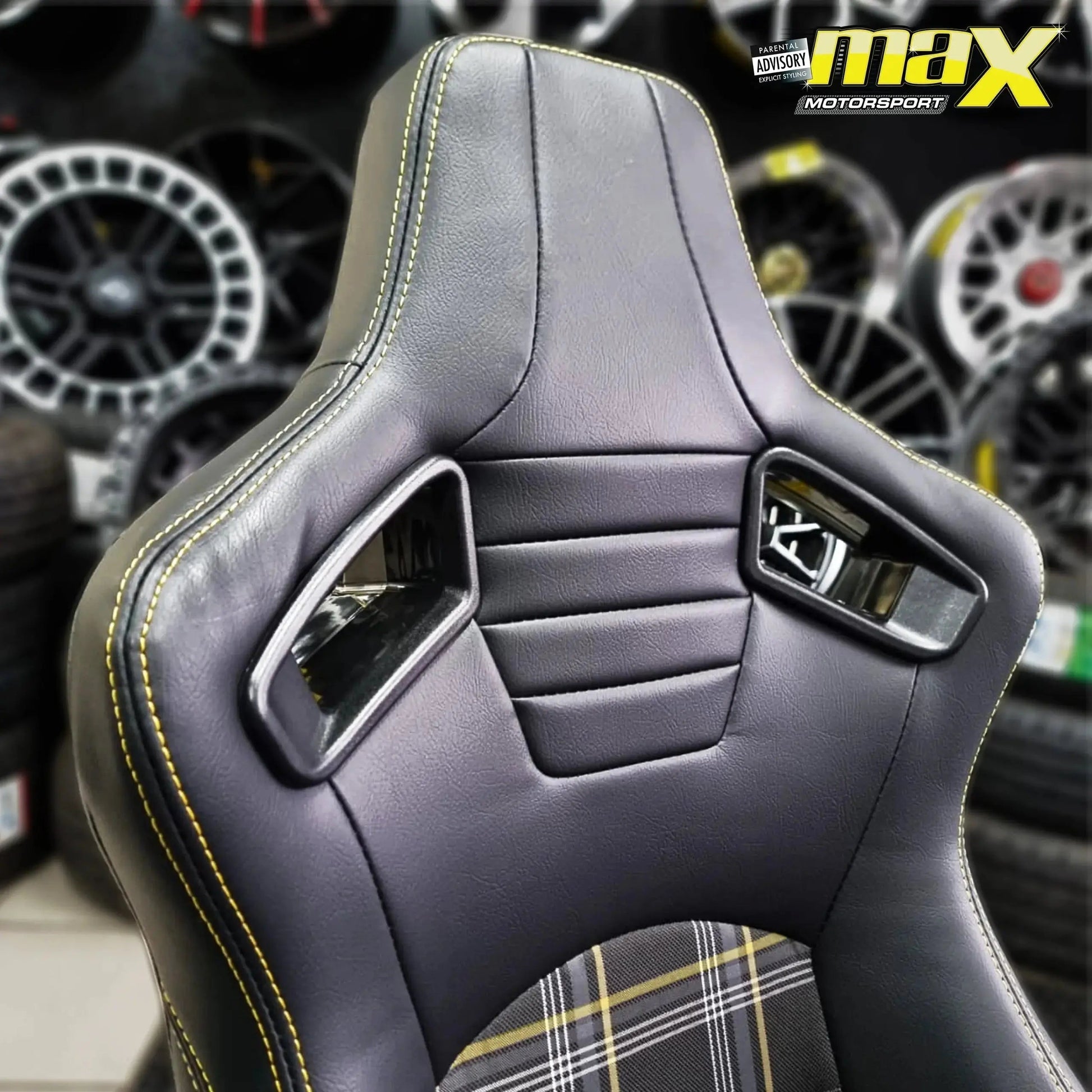 Reclinable Racing Seats - GTI Style Tartan Design Black PVC With Yellow Stitching (Pair)