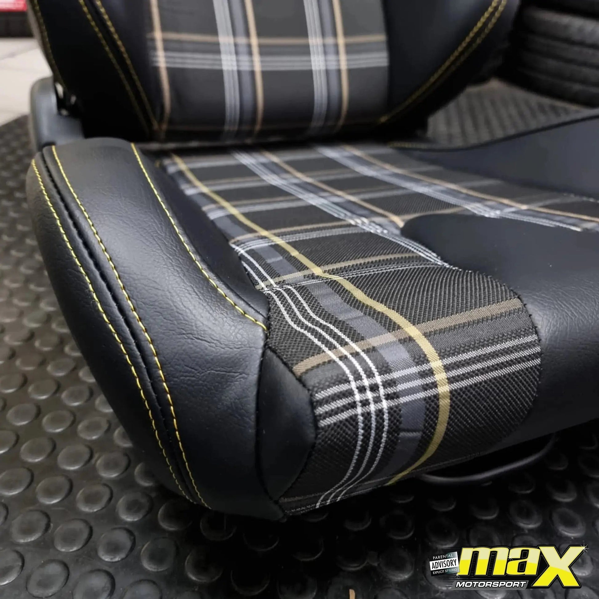 Reclinable Racing Seats - GTI Style Tartan Design Black PVC With Yellow Stitching (Pair)
