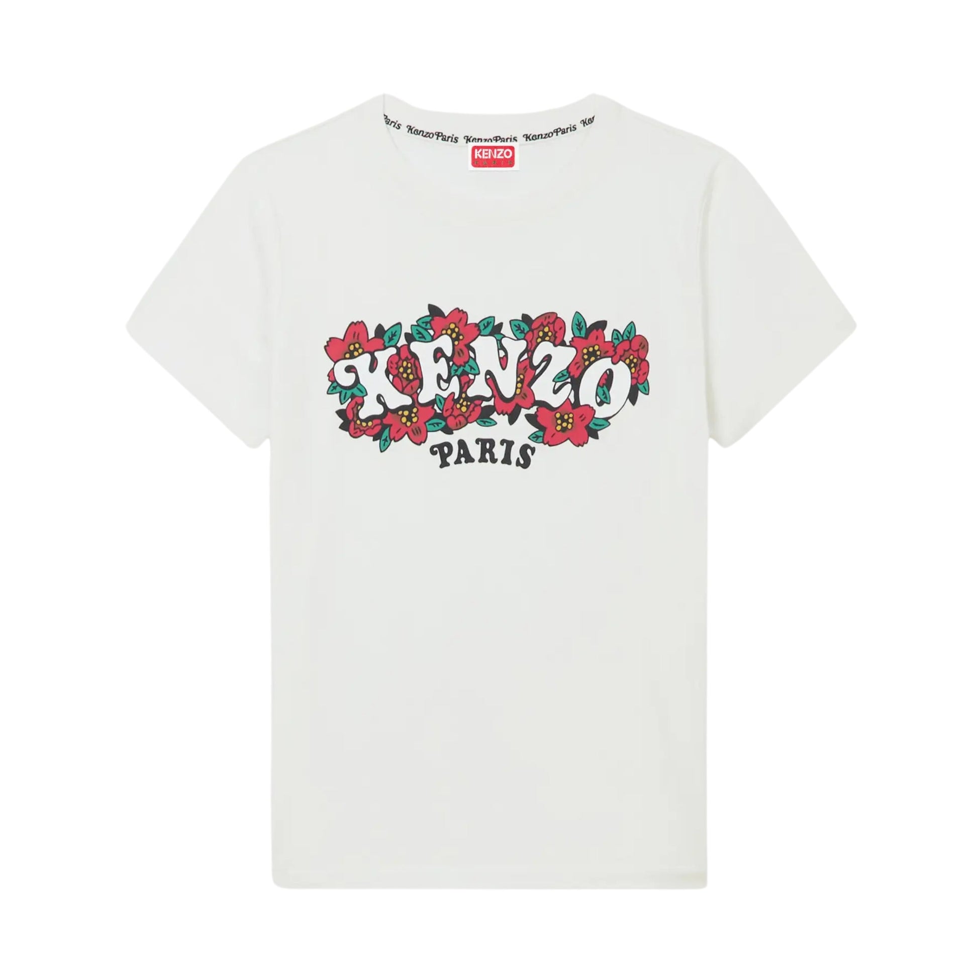 Kenzo T-Shirt Ladies Logo On Flowers White
