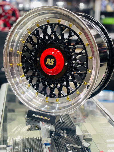 15” AS- MOTORSPORT MESH 4/100 4/114 BLACK RED CAP