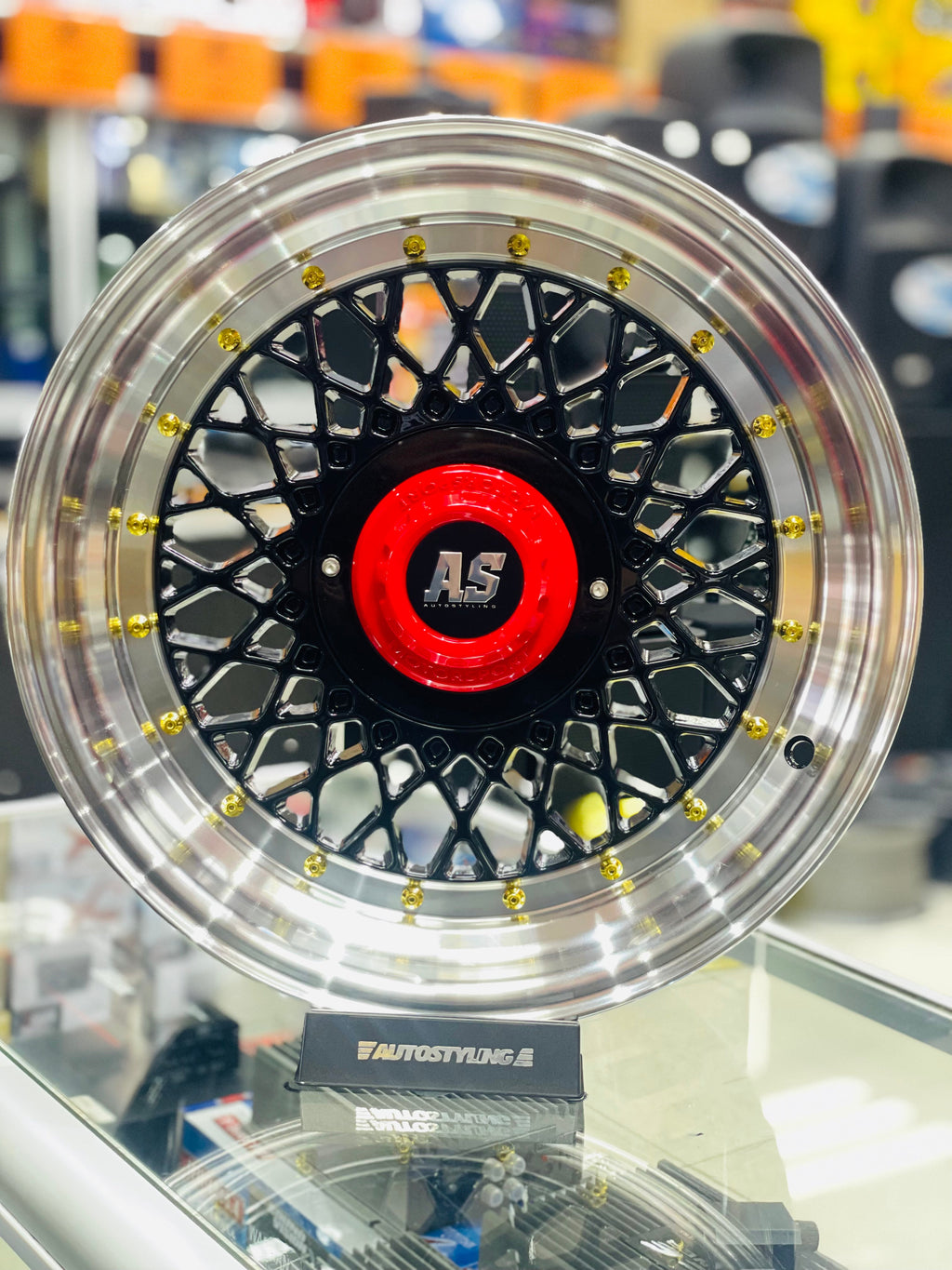 15” AS- MOTORSPORT MESH 4/100 4/114 BLACK RED CAP