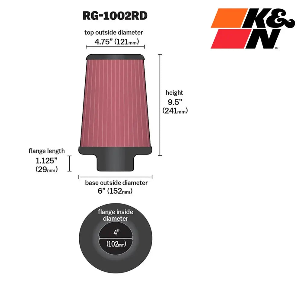 K&N RG-1002 Performance Cone Air Filter (76mm/90mm/100mm)