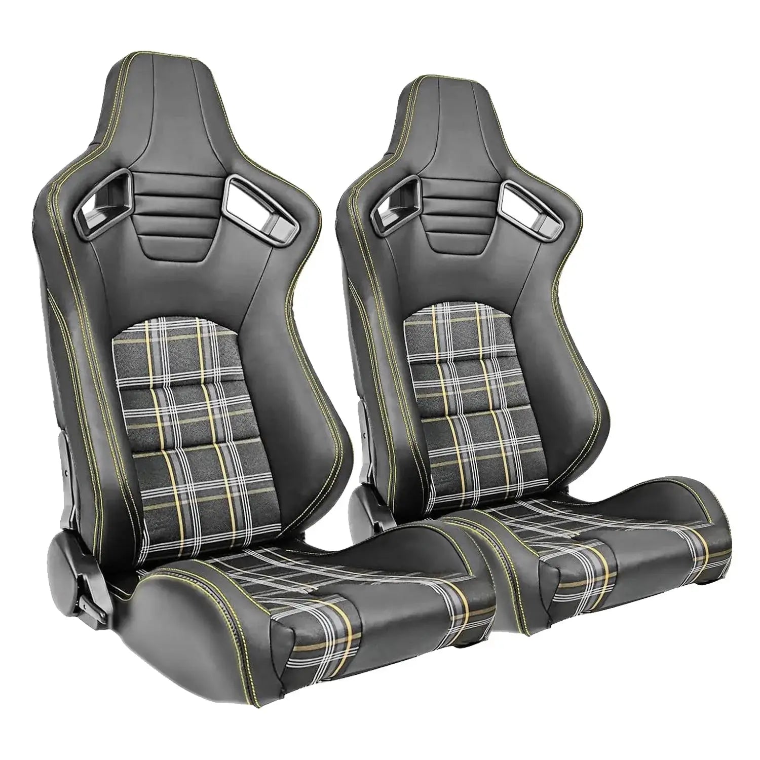 Reclinable Racing Seats - GTI Style Tartan Design Black PVC With Yellow Stitching (Pair)