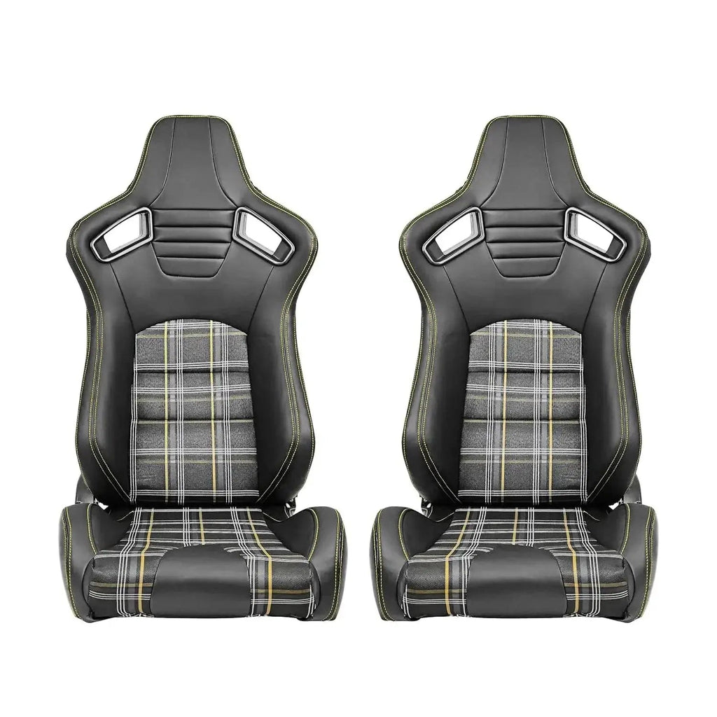 Reclinable Racing Seats - GTI Style Tartan Design Black PVC With Yellow Stitching (Pair)