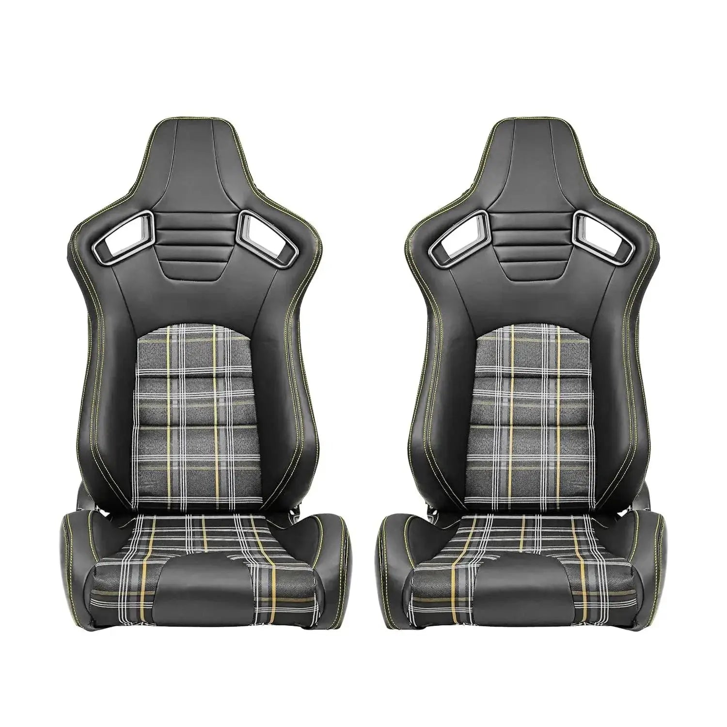Reclinable Racing Seats - GTI Style Tartan Design Black PVC With Yellow Stitching (Pair)