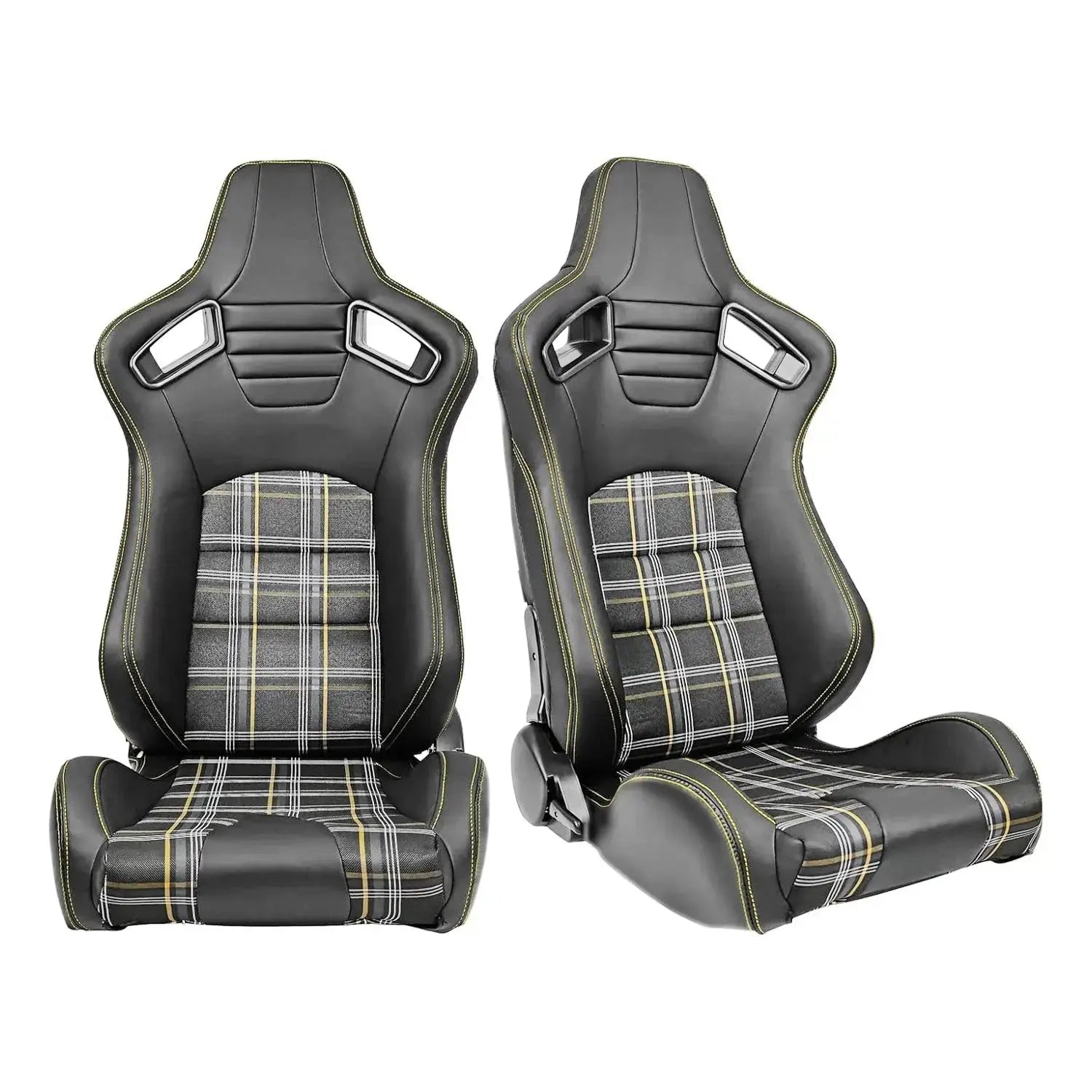 Reclinable Racing Seats - GTI Style Tartan Design Black PVC With Yellow Stitching (Pair)