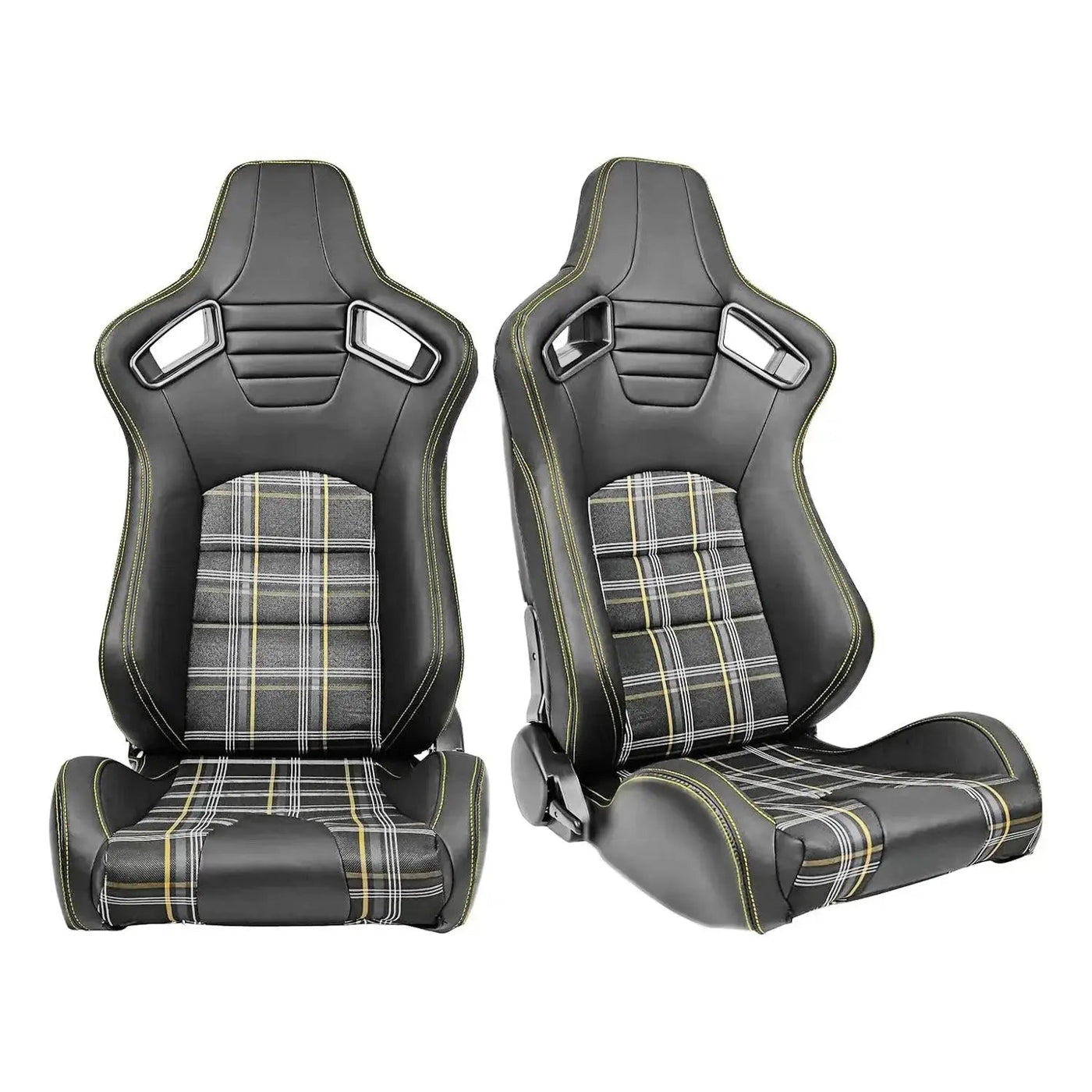 Reclinable Racing Seats - GTI Style Tartan Design Black PVC With Yellow Stitching (Pair)