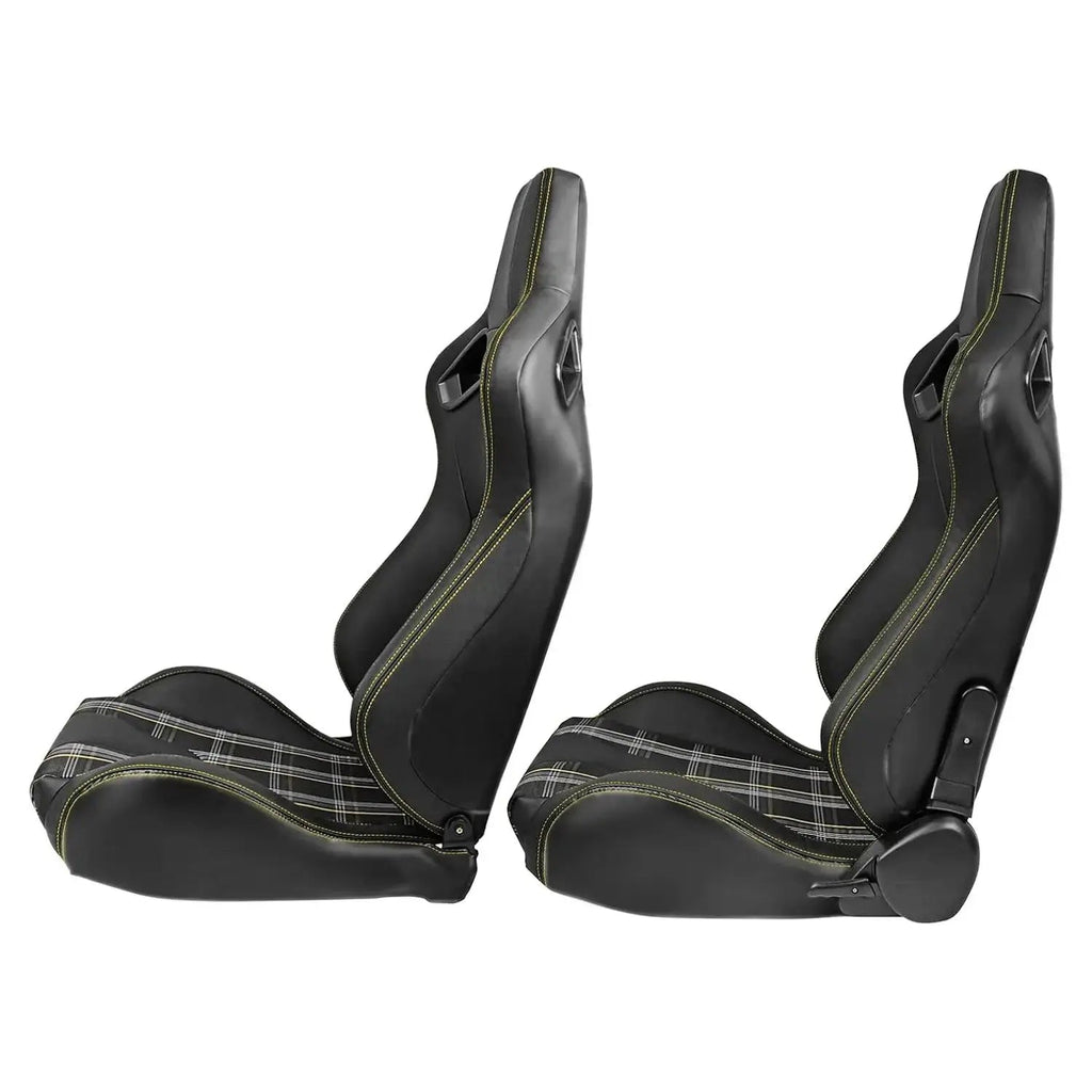 Reclinable Racing Seats - GTI Style Tartan Design Black PVC With Yellow Stitching (Pair)