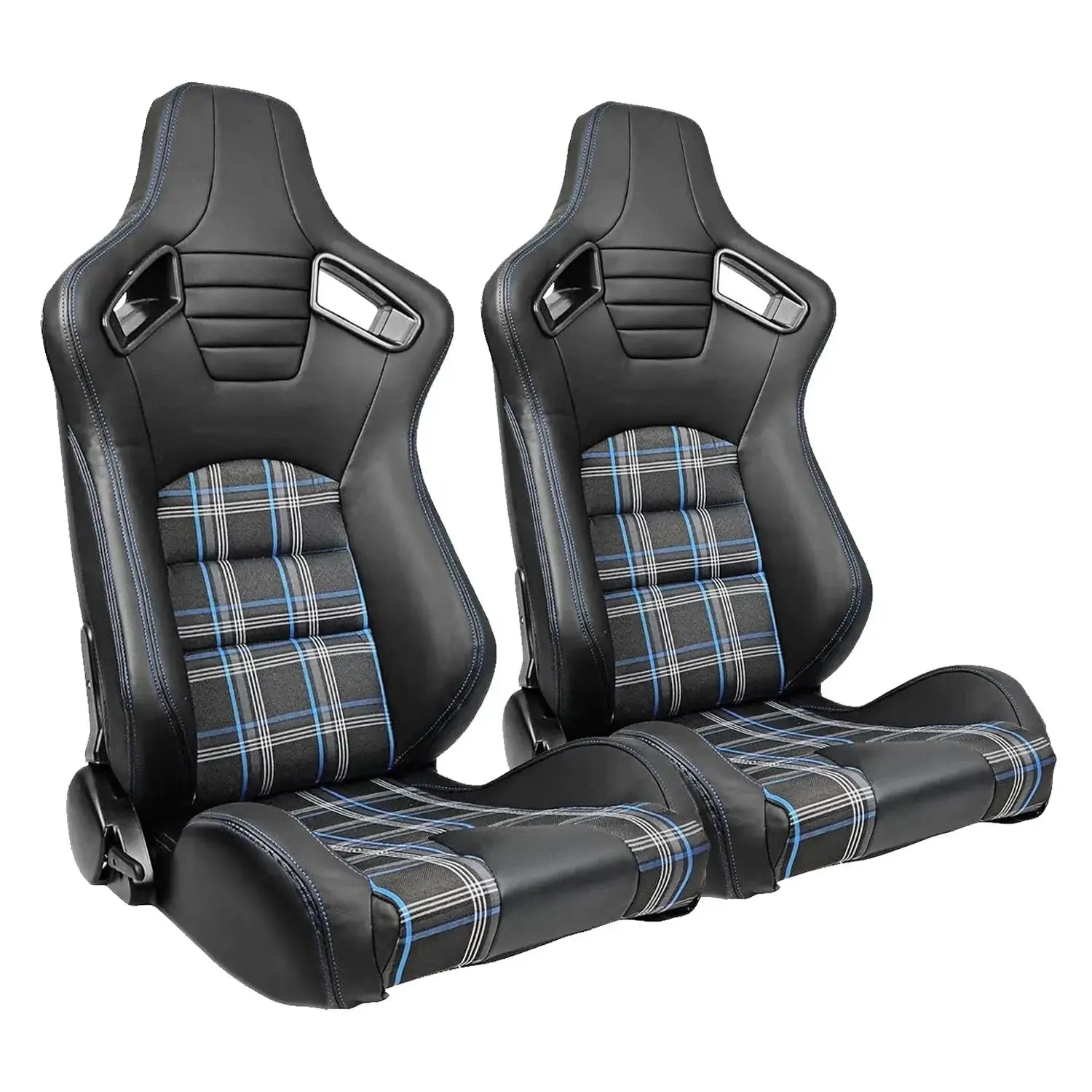 Reclinable Racing Seats - GTI Style Tartan Design Black PVC With Blue Stitching (Pair)