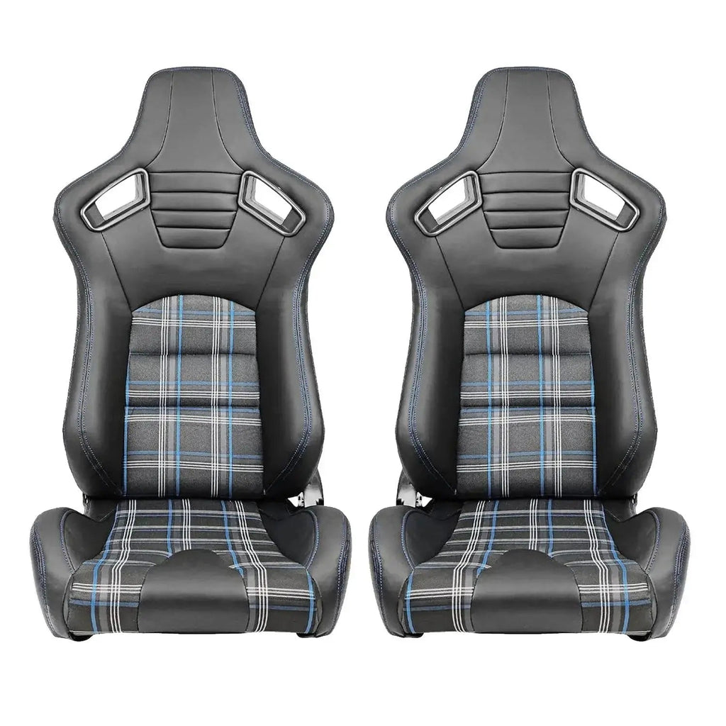 Reclinable Racing Seats - GTI Style Tartan Design Black PVC With Blue Stitching (Pair)