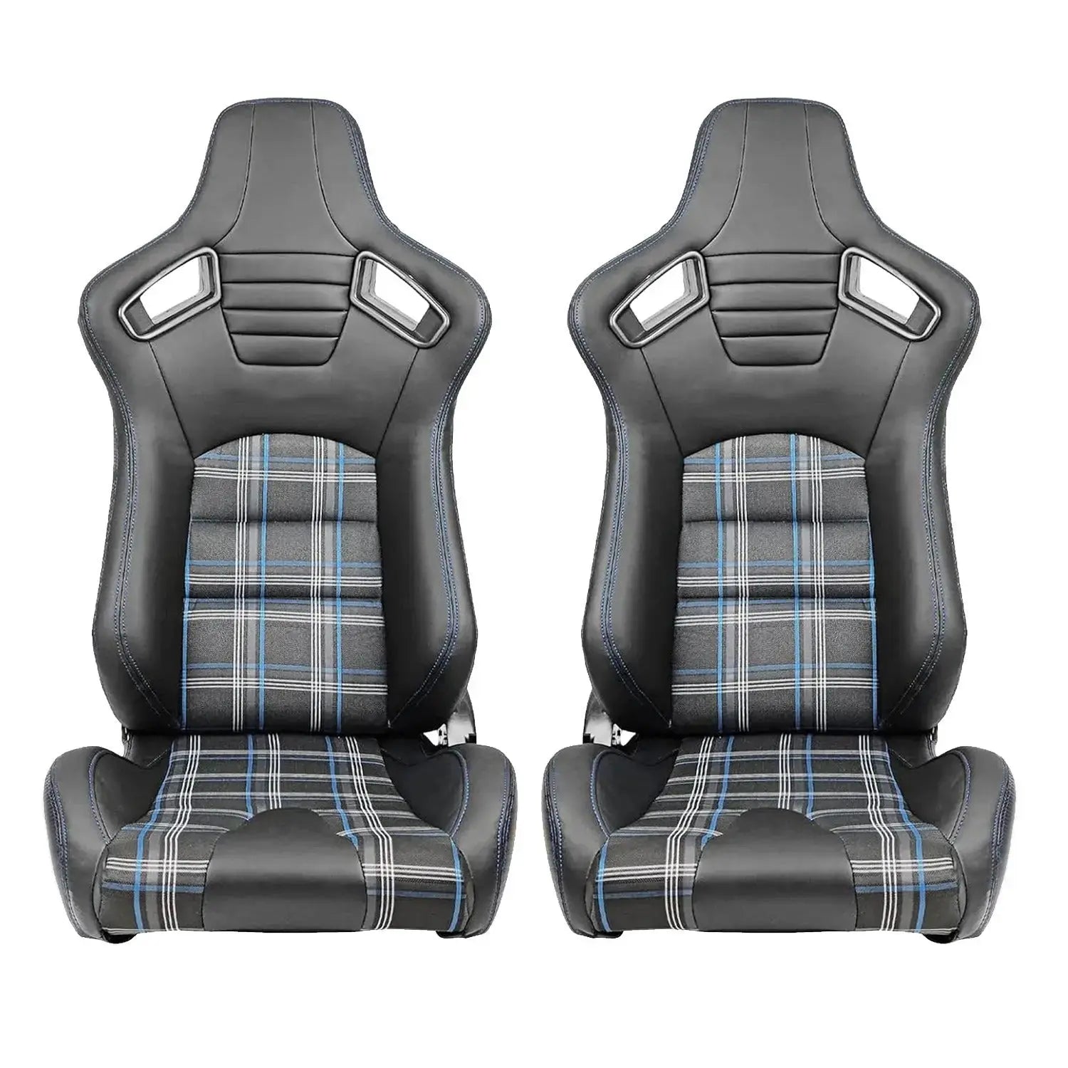Reclinable Racing Seats - GTI Style Tartan Design Black PVC With Blue Stitching (Pair)