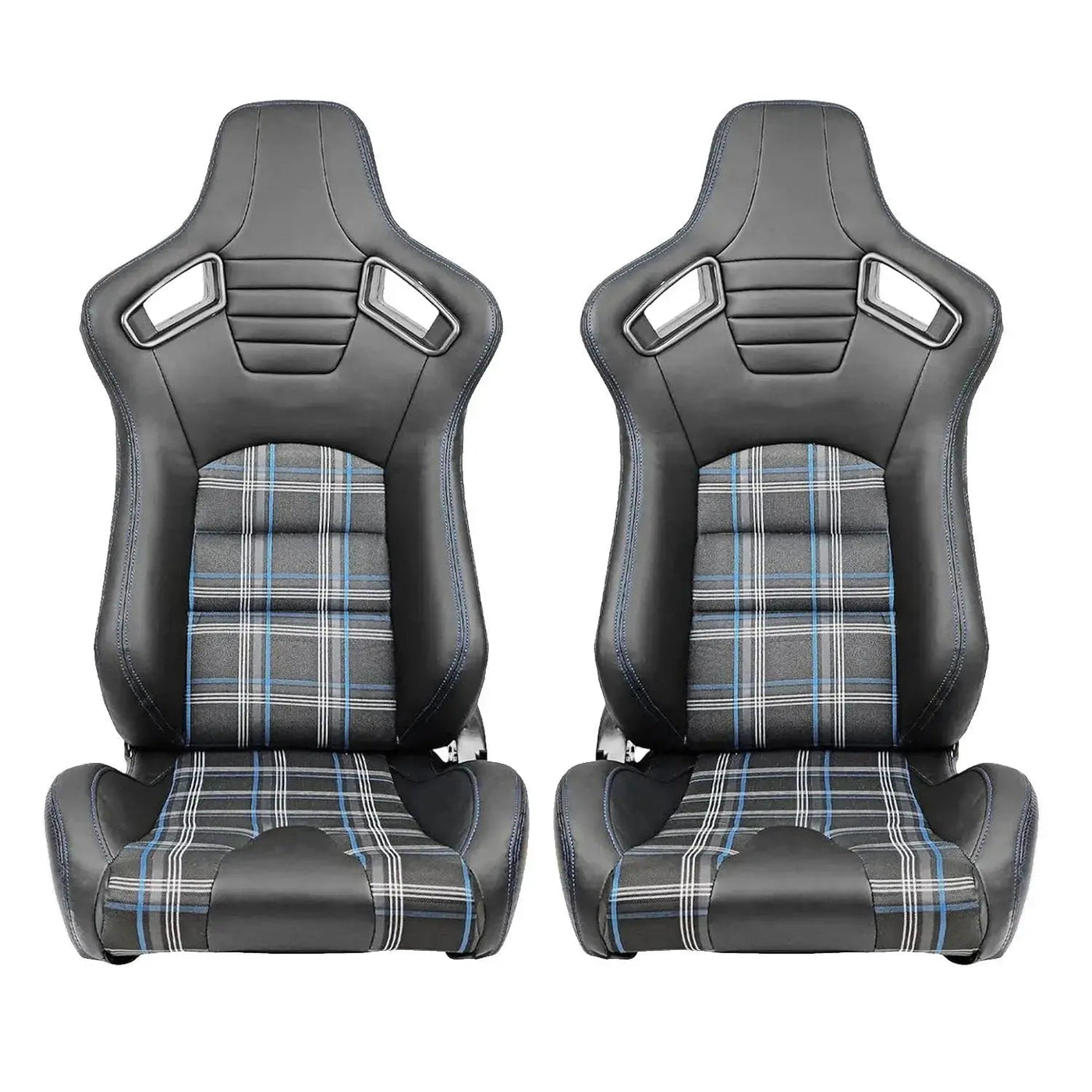Reclinable Racing Seats - GTI Style Tartan Design Black PVC With Blue Stitching (Pair)