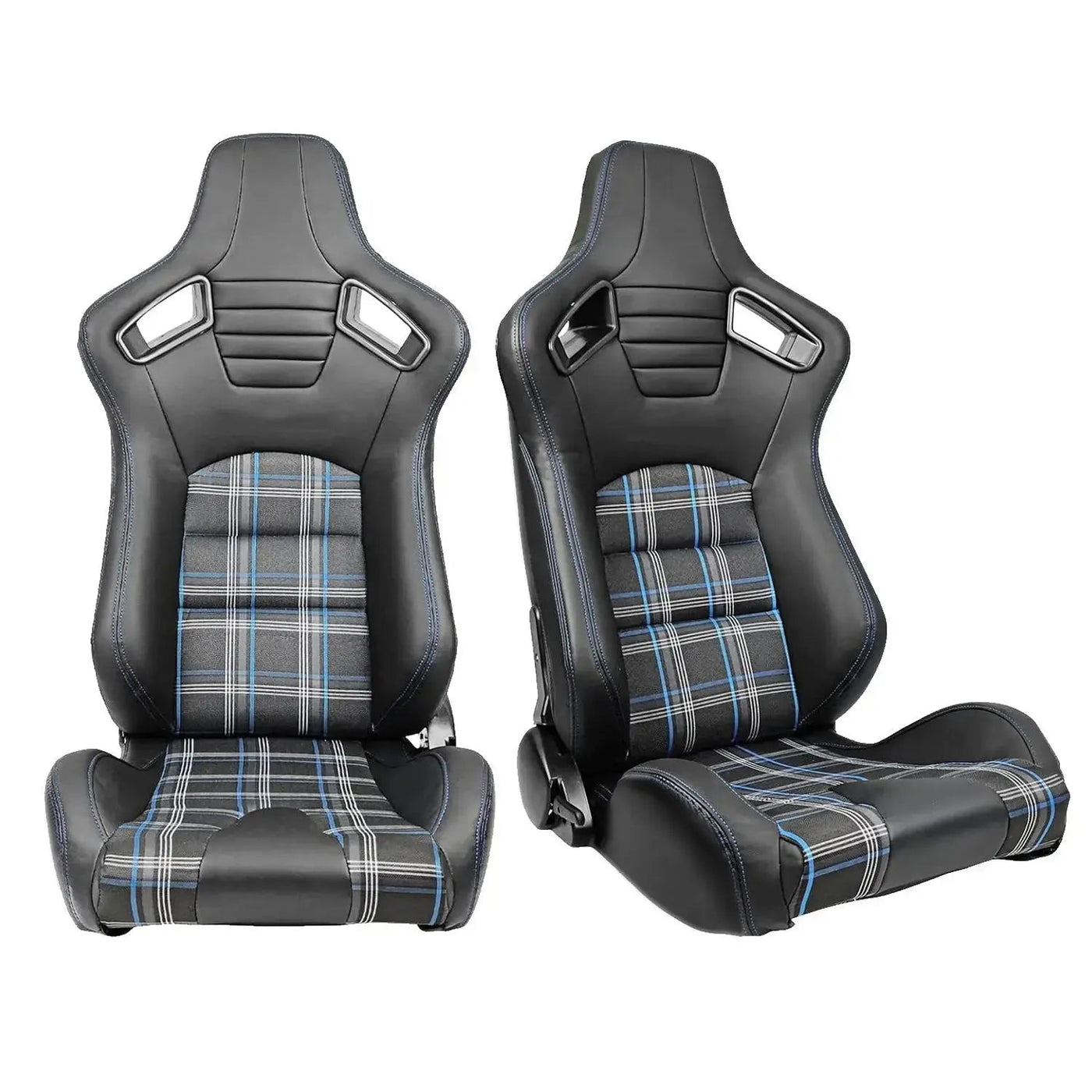 Reclinable Racing Seats - GTI Style Tartan Design Black PVC With Blue Stitching (Pair)