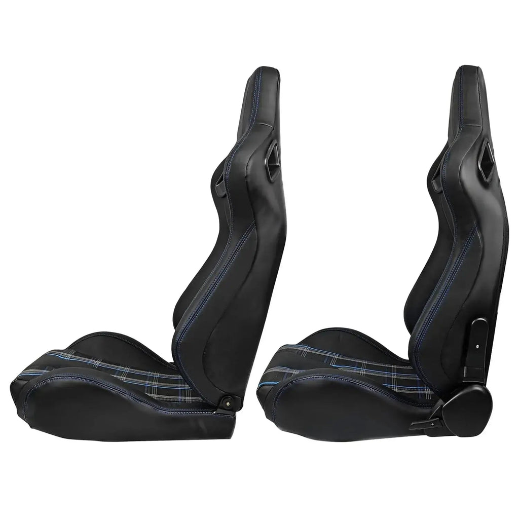 Reclinable Racing Seats - GTI Style Tartan Design Black PVC With Blue Stitching (Pair)