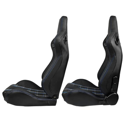 Reclinable Racing Seats - GTI Style Tartan Design Black PVC With Blue Stitching (Pair)
