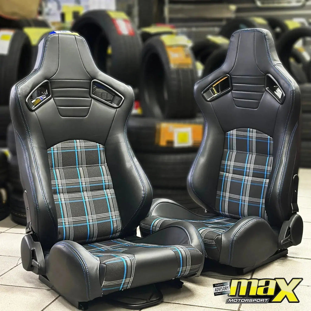Reclinable Racing Seats - GTI Style Tartan Design Black PVC With Blue Stitching (Pair)