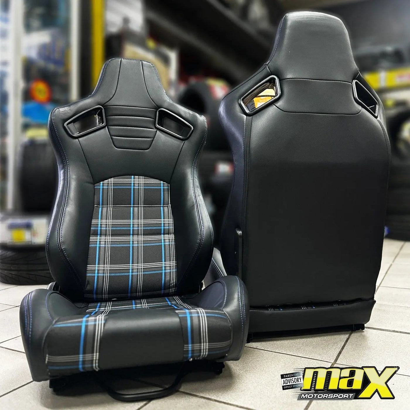 Reclinable Racing Seats - GTI Style Tartan Design Black PVC With Blue Stitching (Pair)