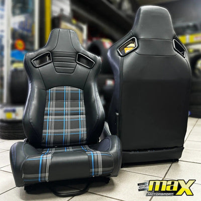 Reclinable Racing Seats - GTI Style Tartan Design Black PVC With Blue Stitching (Pair)