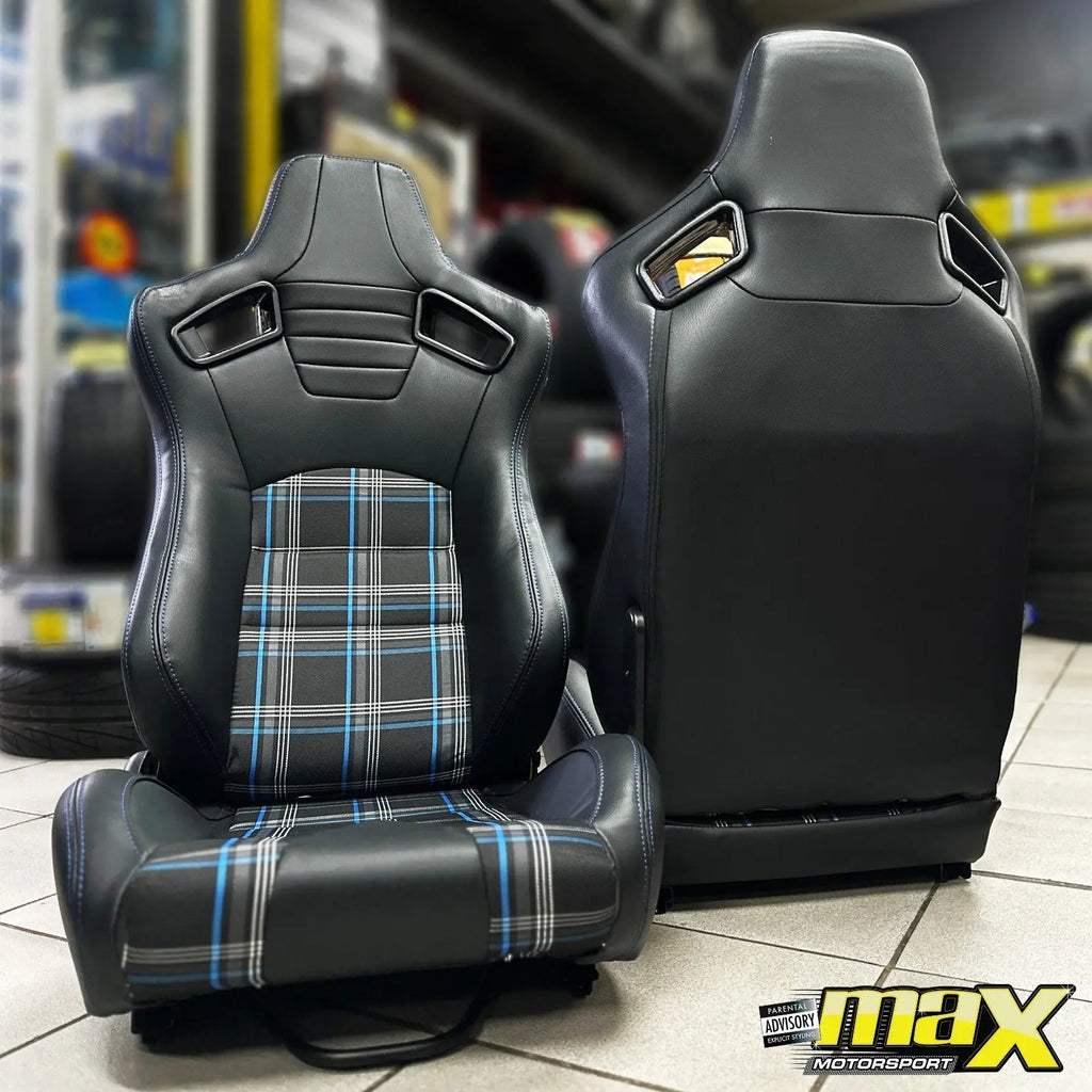 Reclinable Racing Seats - GTI Style Tartan Design Black PVC With Blue Stitching (Pair)