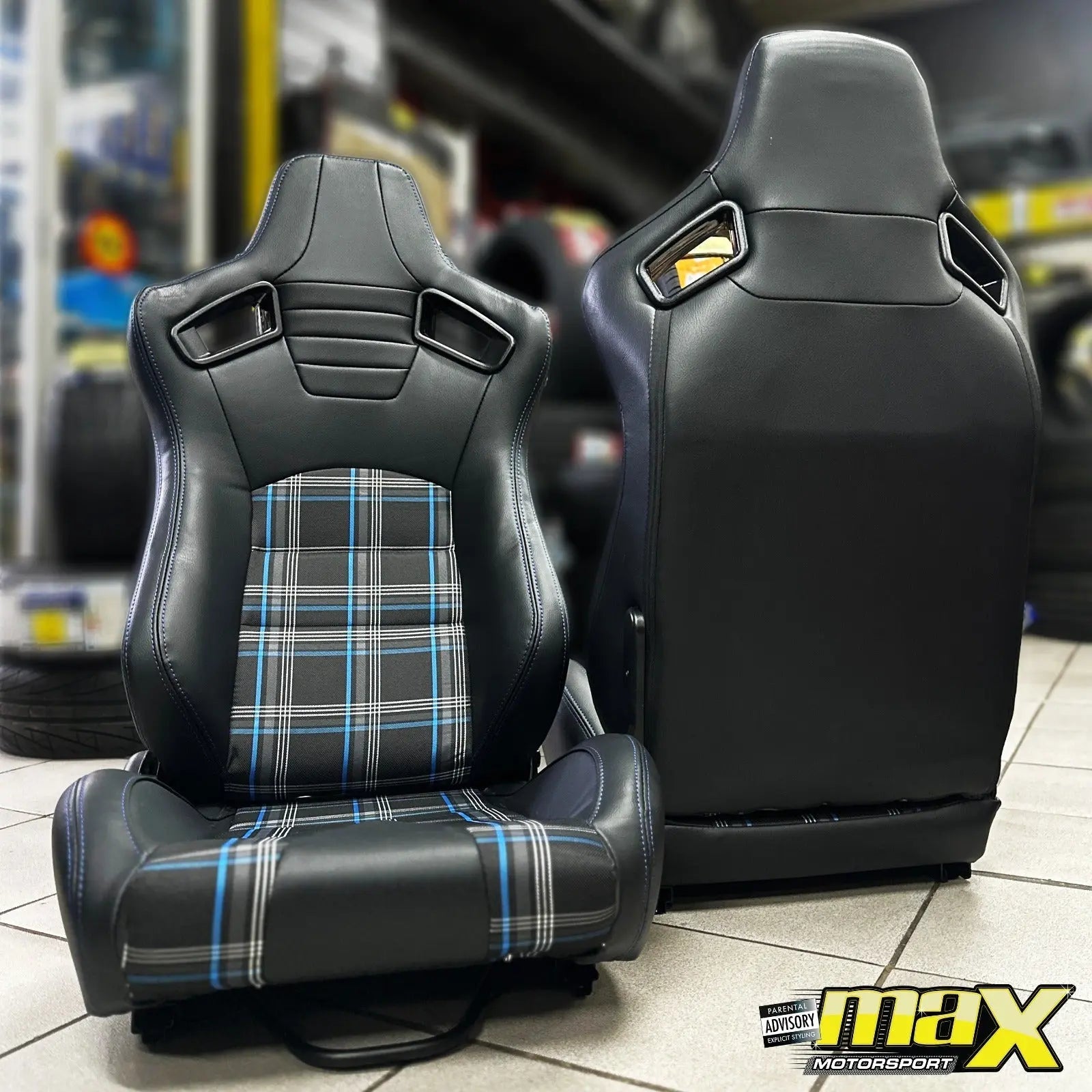 Reclinable Racing Seats - GTI Style Tartan Design Black PVC With Blue Stitching (Pair)