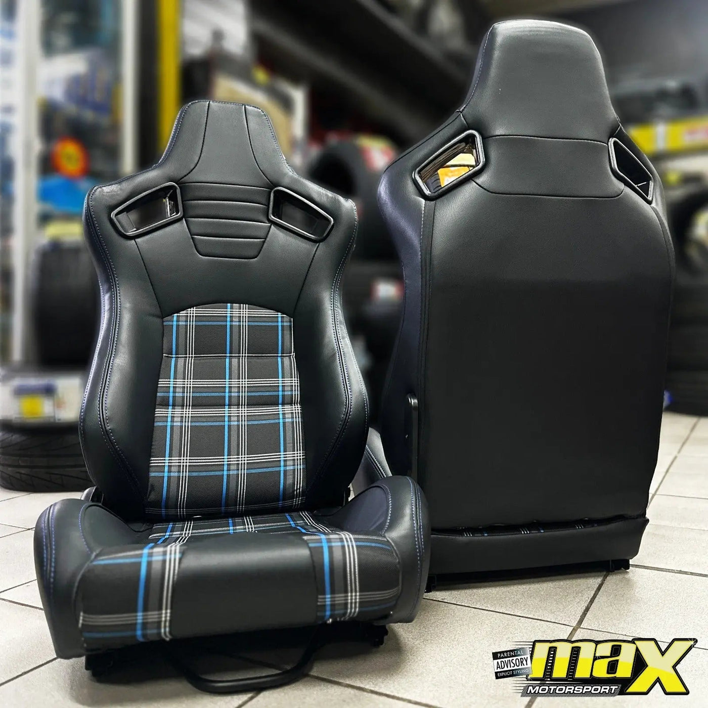Reclinable Racing Seats - GTI Style Tartan Design Black PVC With Blue Stitching (Pair)