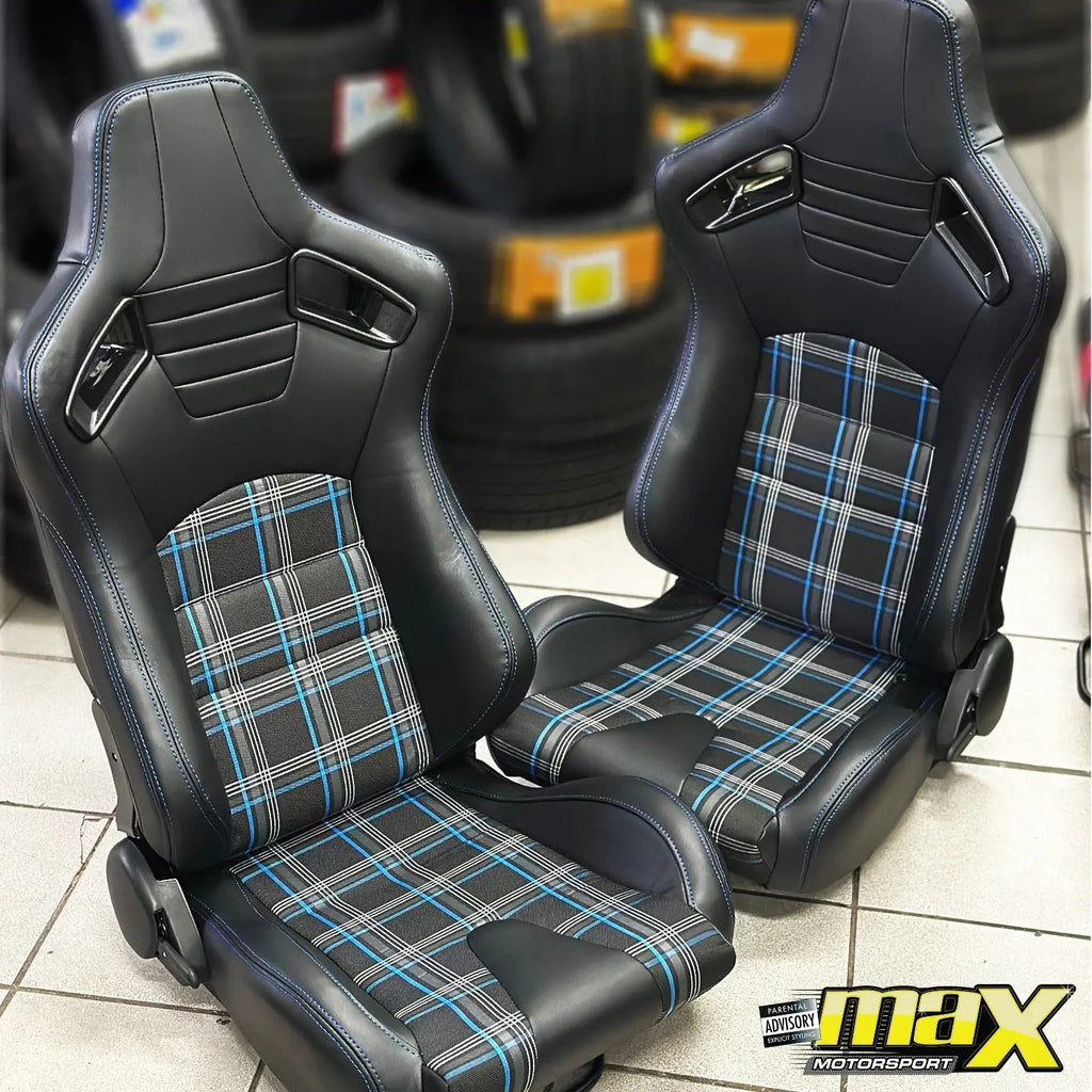 Reclinable Racing Seats - GTI Style Tartan Design Black PVC With Blue Stitching (Pair)