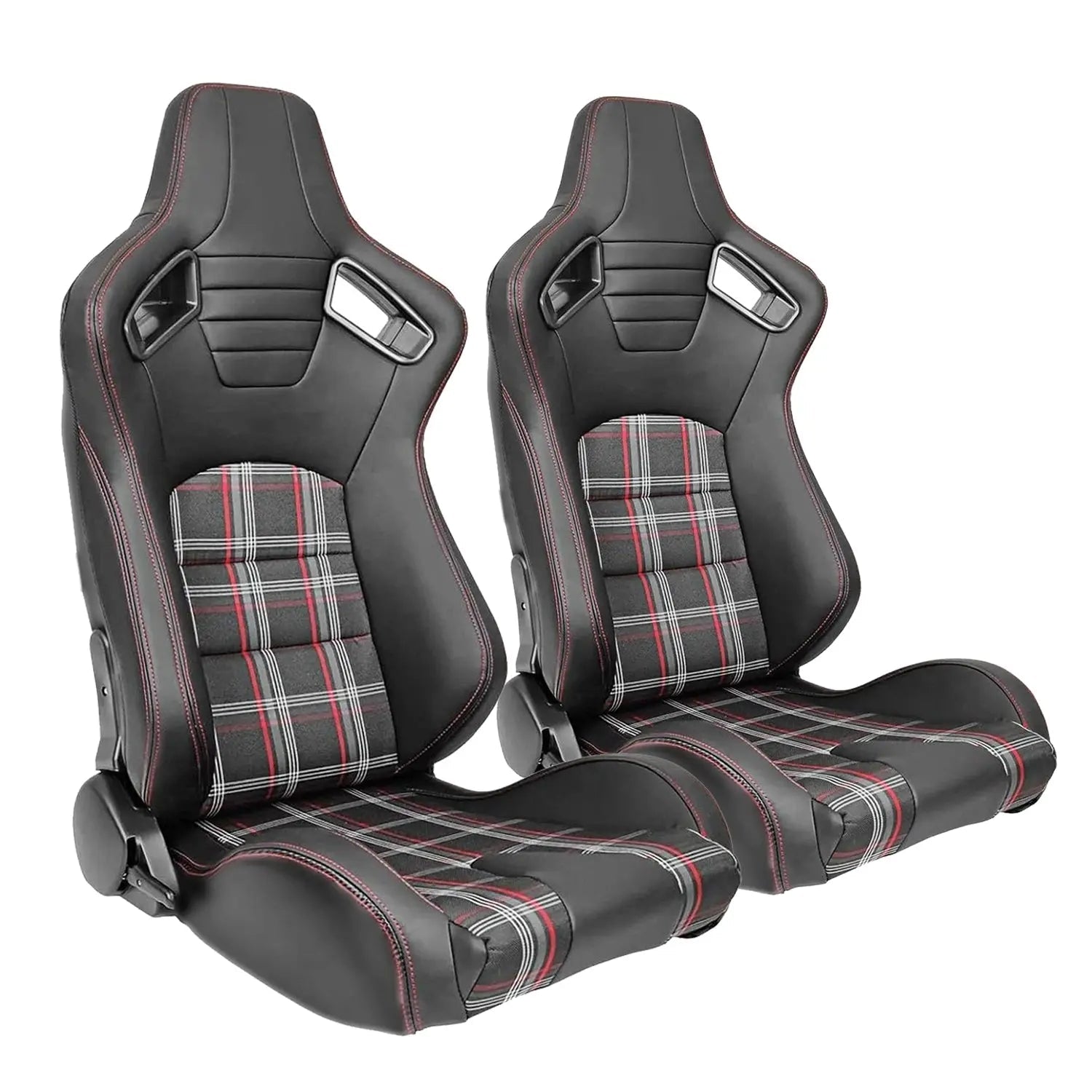 Reclinable Racing Seats - GTI Style Tartan Design Black PVC With Red Stitching (Pair)