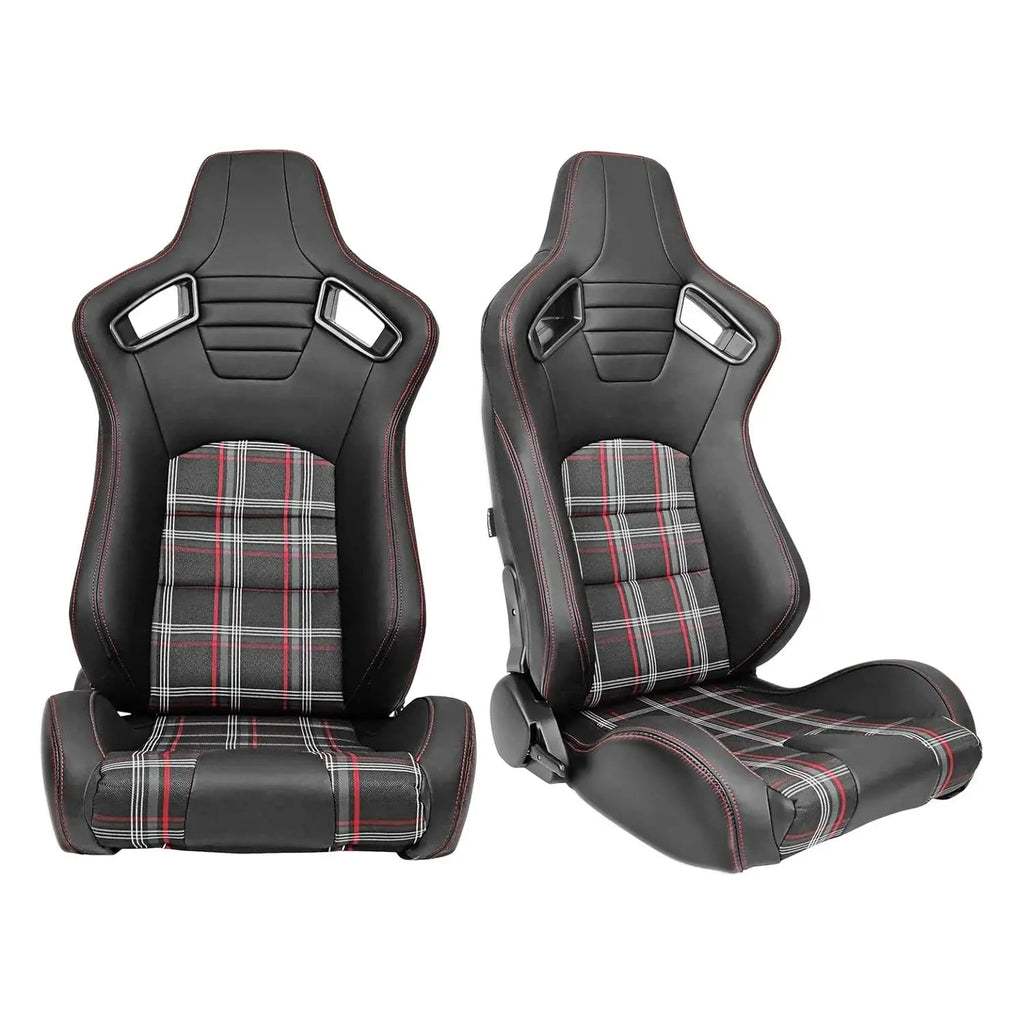 Reclinable Racing Seats - GTI Style Tartan Design Black PVC With Red Stitching (Pair)