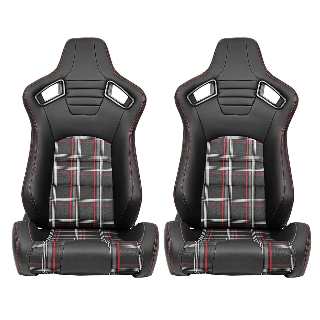 Reclinable Racing Seats - GTI Style Tartan Design Black PVC With Red Stitching (Pair)