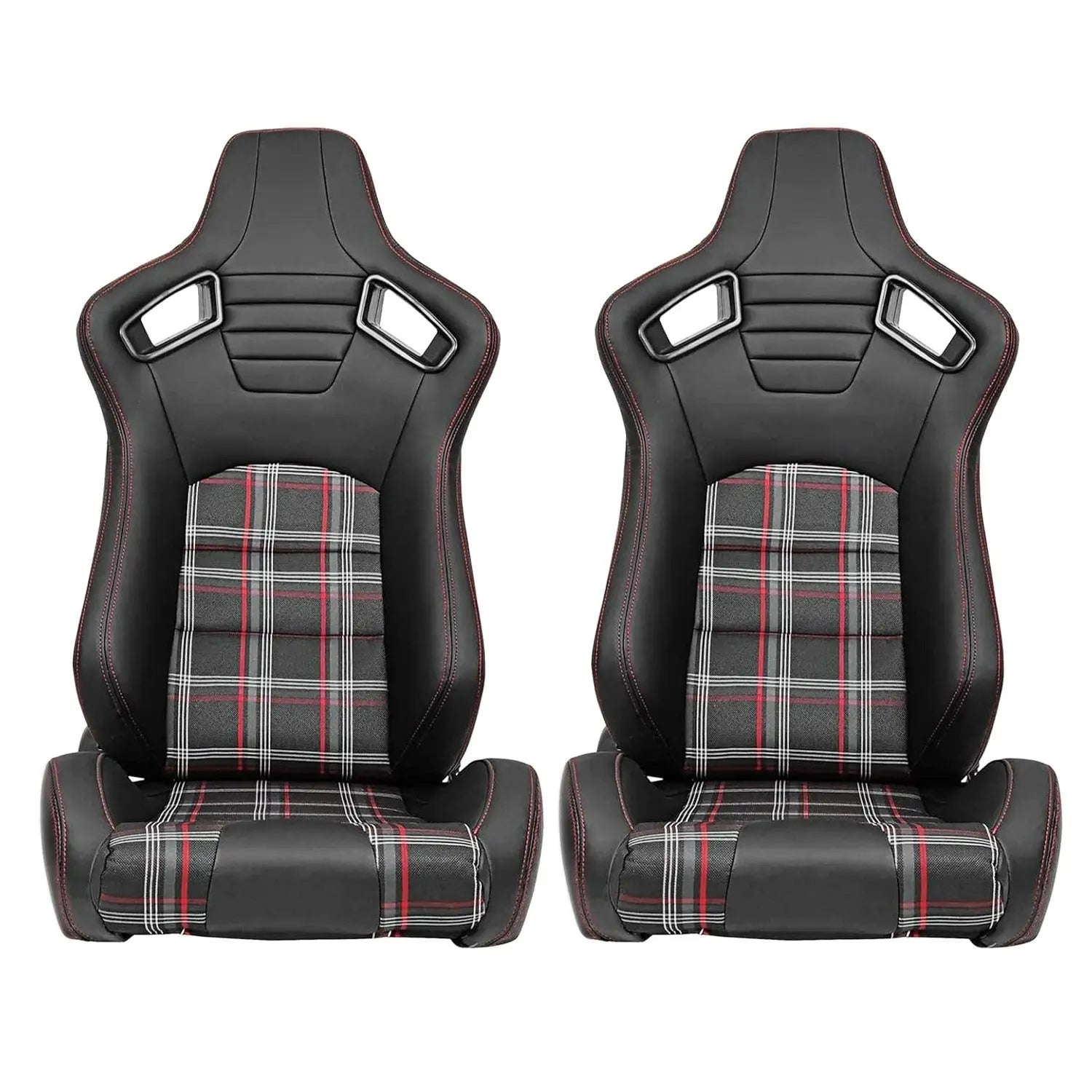 Reclinable Racing Seats - GTI Style Tartan Design Black PVC With Red Stitching (Pair)