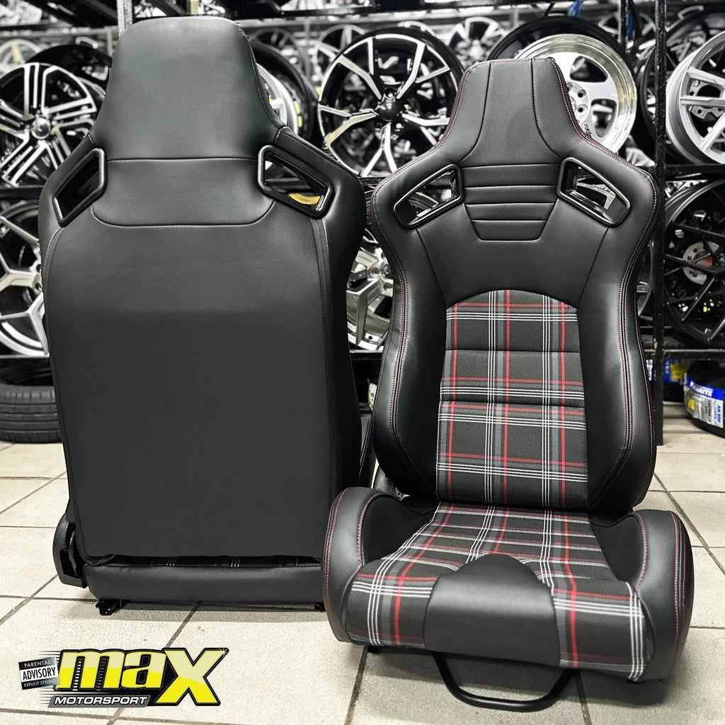 Reclinable Racing Seats - GTI Style Tartan Design Black PVC With Red Stitching (Pair)
