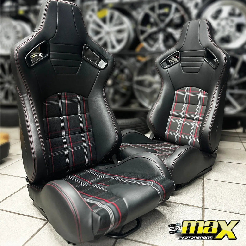 Reclinable Racing Seats - GTI Style Tartan Design Black PVC With Red Stitching (Pair)