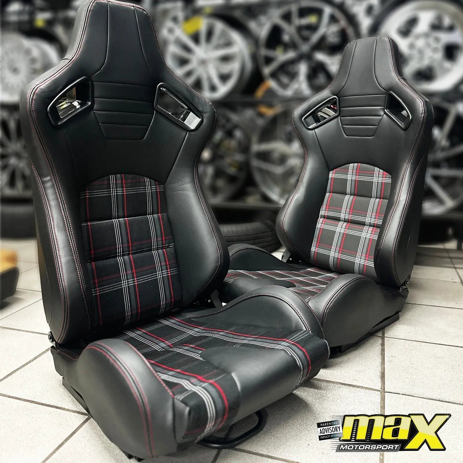 Reclinable Racing Seats - GTI Style Tartan Design Black PVC With Red Stitching (Pair)
