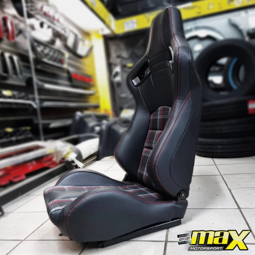 Reclinable Racing Seats - GTI Style Tartan Design Black PVC With Red Stitching (Pair)