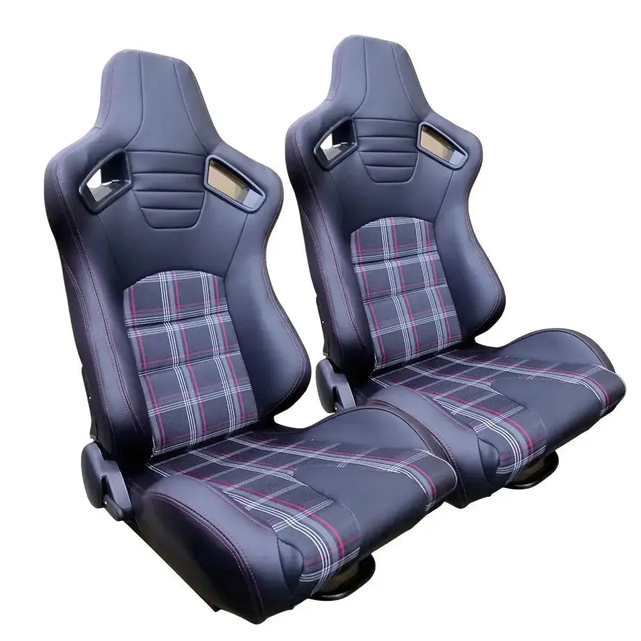 Reclinable Racing Seats - GTI Style Tartan Design Black PVC With Red Stitching (Pair)