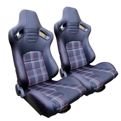 Reclinable Racing Seats - GTI Style Tartan Design Black PVC With Red Stitching (Pair)