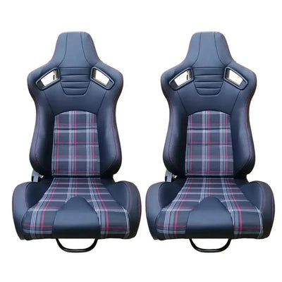 Reclinable Racing Seats - GTI Style Tartan Design Black PVC With Red Stitching (Pair)