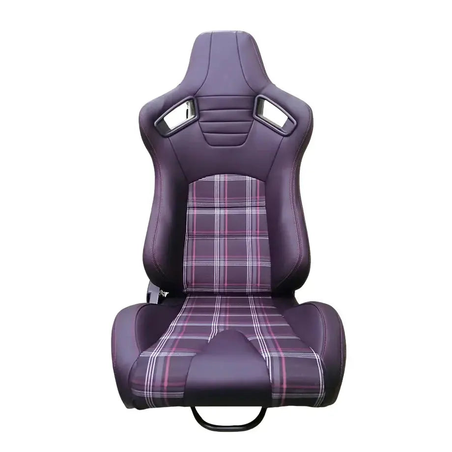 Reclinable Racing Seats - GTI Style Tartan Design Black PVC With Red Stitching (Pair)
