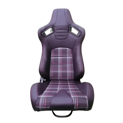 Reclinable Racing Seats - GTI Style Tartan Design Black PVC With Red Stitching (Pair)