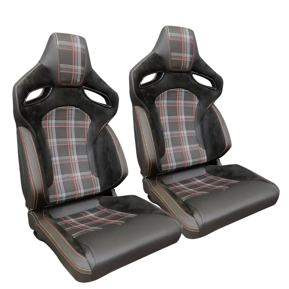 Reclinable Racing Seats - GTI Style Tartan Design Black Suede + PVC (Pair)