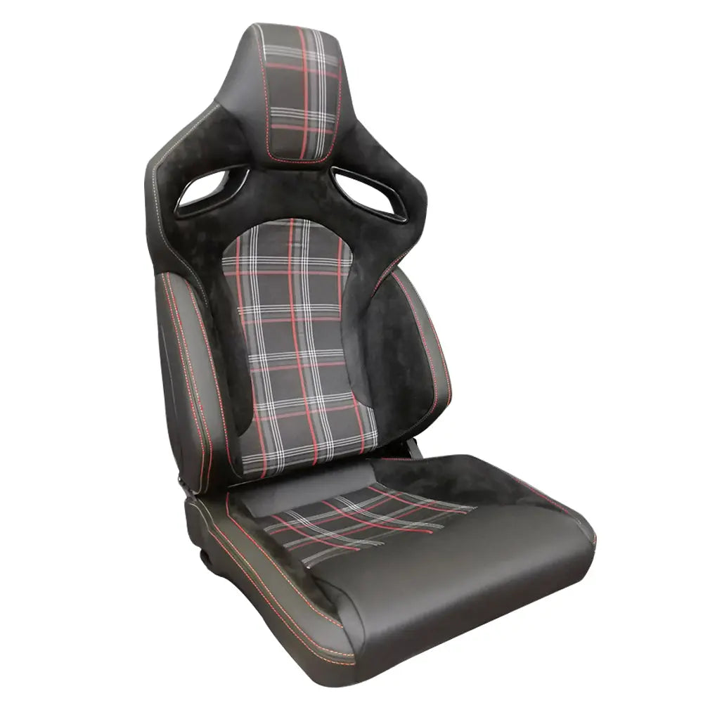 Reclinable Racing Seats - GTI Style Tartan Design Black Suede + PVC (Pair)