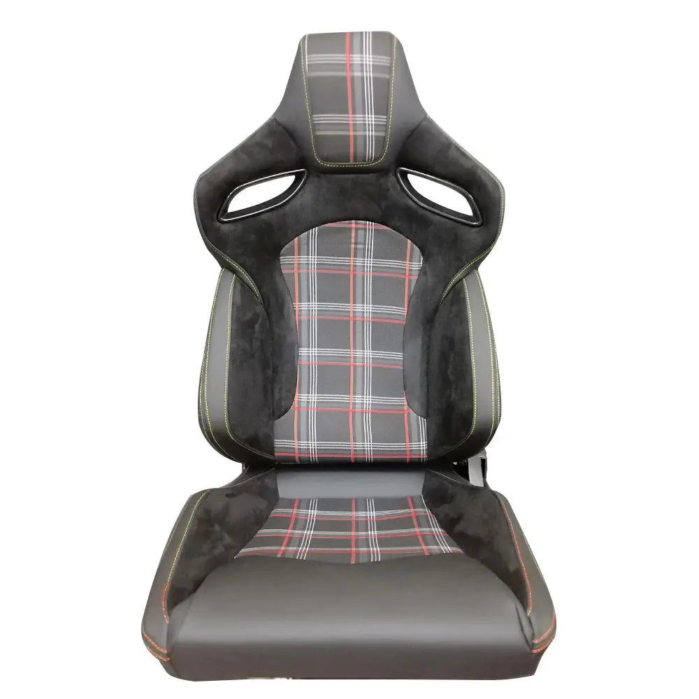 Reclinable Racing Seats - GTI Style Tartan Design Black Suede + PVC (Pair)