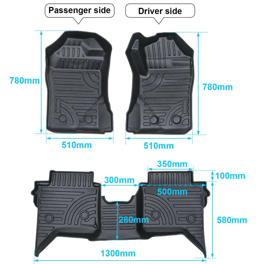 Suitable To Fit - Ranger Next Gen (22-On) Double-Cab Moulded TPE Rubber Floor Mats (3-Piece)
