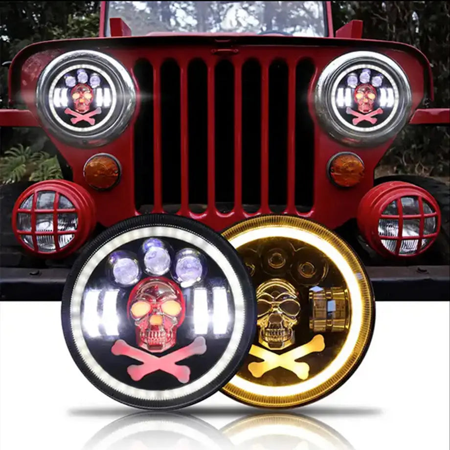 Universal 7 Inch - Jeep Style LED Angel Eye Projector Skull Headlight