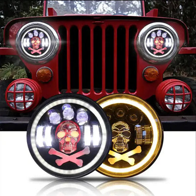 Universal 7 Inch - Jeep Style LED Angel Eye Projector Skull Headlight