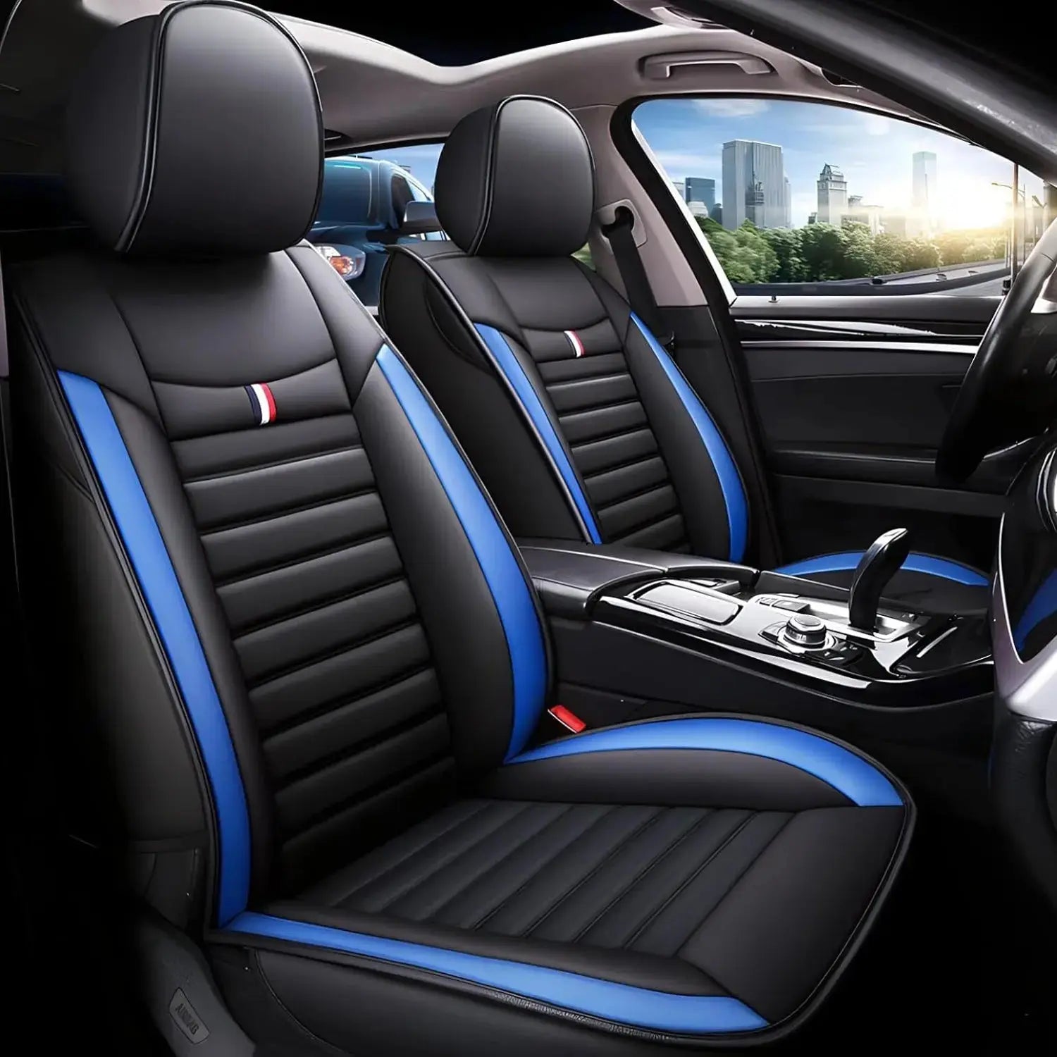 Universal Premium Luxury Car Seat Covers - Front & Rear Full Set (Black & Blue)