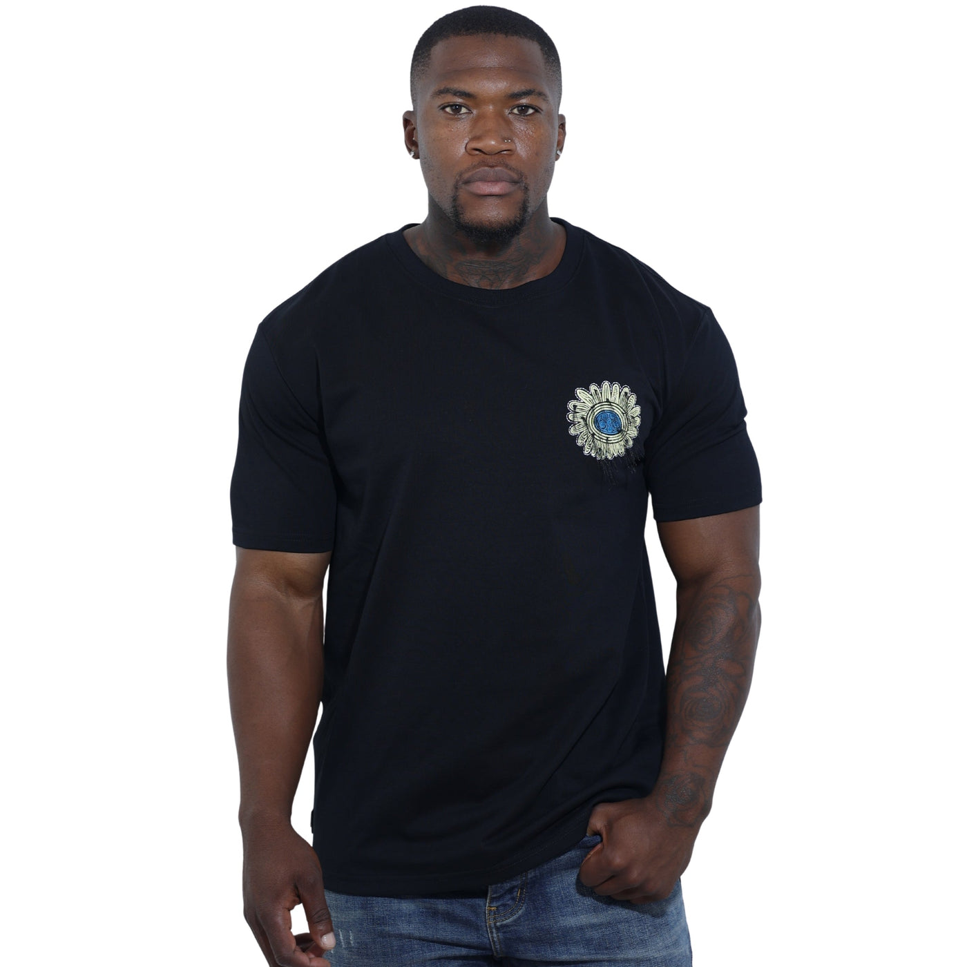 Capone T-Shirt Mexican Embroidered Flower Black-Blue
